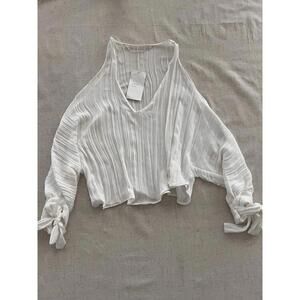 Zara XS White Open Shoulder Long Sleeve Blouse With Bow Detail